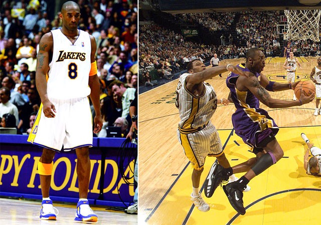 Kobe Bryant ra mắt mẫu Air Zoom Huarache 2K5 vào ngay dịp Giáng sinh (ảnh trái) và một mẫu PE màu tối dành cho các trận đấu sân khách của Kobe Bryant.