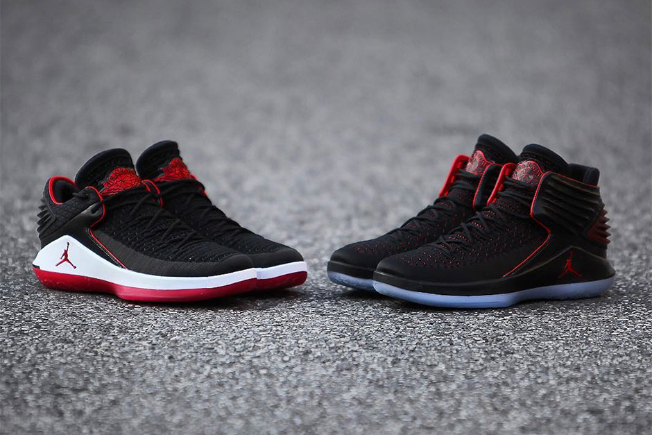 Phối màu “Bred” (trái) và “MJ Day” (phải) trong hai phiên bản cổ thấp và cổ cao của Air Jordan XXXII.