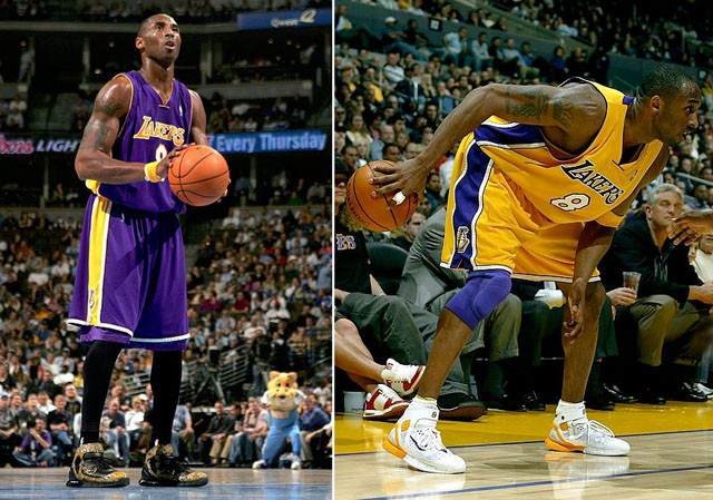 Mẫu Huarache 2K5 “Black Mamba” được Kobe mang trong trận mở màn của mùa giải (trái) và một phiên bản đặc biệt có tông màu trắng/vàng được Kobe sử dụng trong phần lớn các trận sân nhà ở nửa đầu mùa giải (phải).