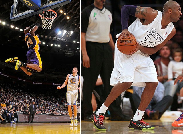 Nike Kobe 8 ra mắt với phối màu “Del Sol” (ảnh trái) và phối màu đặc biệt cho ngày giáng sinh (ảnh phải).
