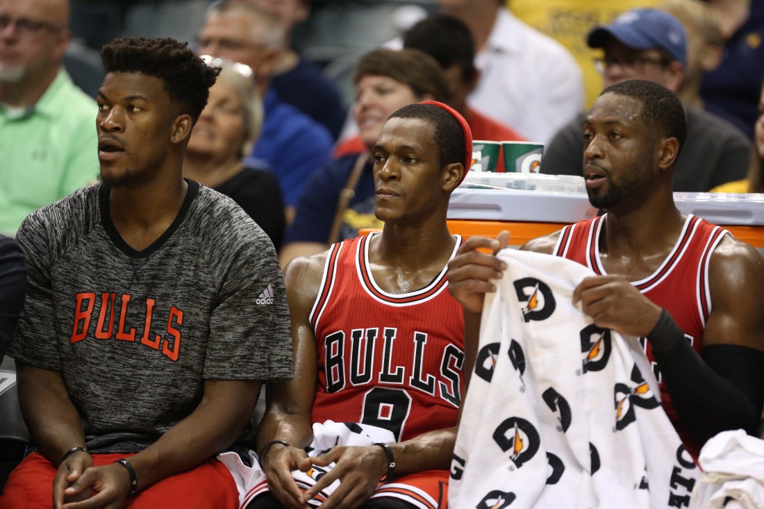 Ba trụ cột của Chicago Bulls (lần lượt từ trái): Jimmy Butler, Rajon Rondo và Dwyane Wade
