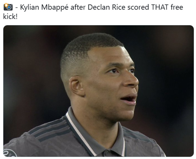 Mbappe sửng sốt trước siêu phẩm đá phạt của Rice