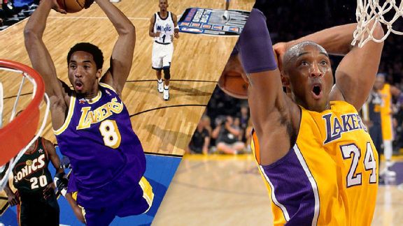 Kobe Bryant với 2 số áo khi thi đấu cho Lakers