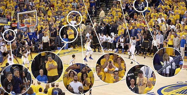 Vẻ mặt của CĐV Golden State Warriors lúc Kyrie Irving ném bóng.