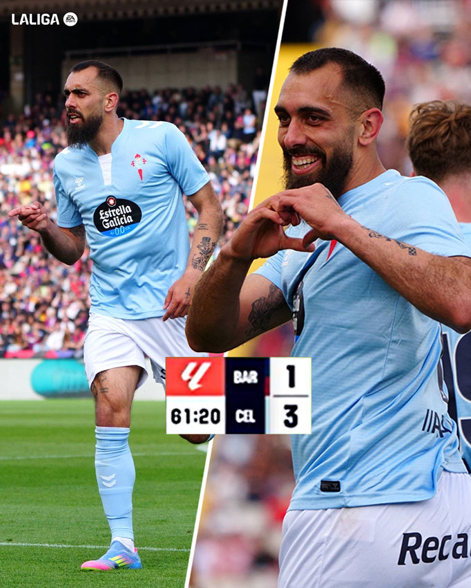 Borja Iglesias gây sốt với cú hat-trick vào lưới Barca