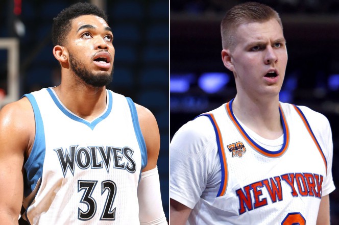 Karl-Anthony Towns (trái) và Kristaps Porzingis là những big men rất chịu khó ném 3 điểm