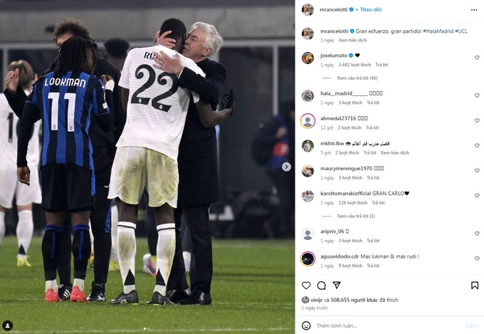 Thông điệp tri ân mà HLV Ancelotti gửi tới Rudiger trên Instagram sau trận Real Madrid thắng Atalanta ở Champions League.
